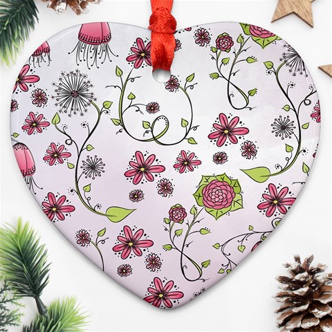 Pink whimsical flowers on pink Heart Ornament from ArtsNow.com Front