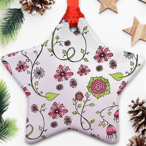 Pink whimsical flowers on pink Star Ornament from ArtsNow.com Front