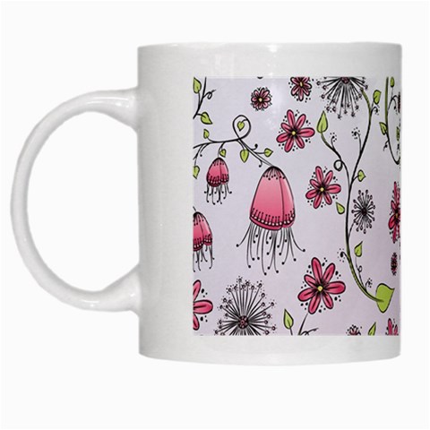 Pink whimsical flowers on pink White Coffee Mug from ArtsNow.com Left