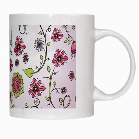 Pink whimsical flowers on pink White Coffee Mug from ArtsNow.com Right