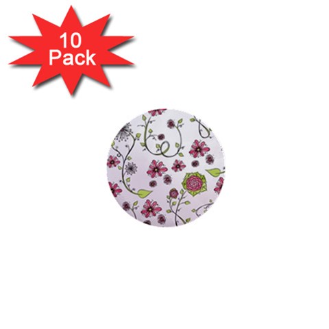 Pink whimsical flowers on pink 1  Mini Button (10 pack) from ArtsNow.com Front