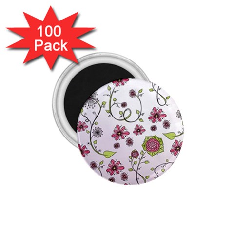 Pink whimsical flowers on pink 1.75  Button Magnet (100 pack) from ArtsNow.com Front