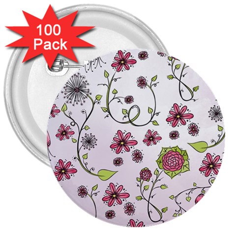 Pink whimsical flowers on pink 3  Button (100 pack) from ArtsNow.com Front