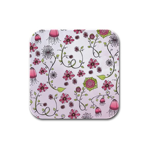 Pink whimsical flowers on pink Drink Coasters 4 Pack (Square) from ArtsNow.com Front