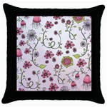 Pink whimsical flowers on pink Black Throw Pillow Case