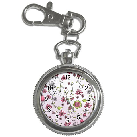 Pink whimsical flowers on pink Key Chain Watch from ArtsNow.com Front