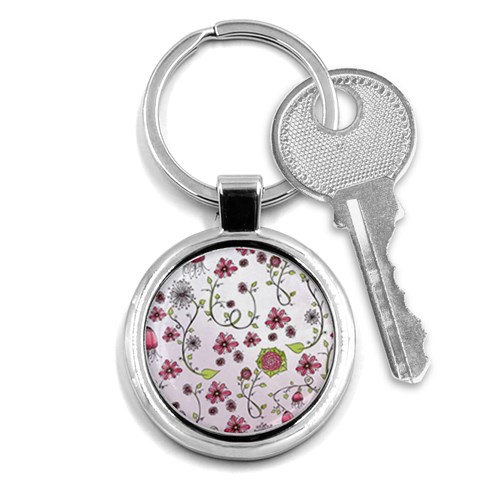 Pink whimsical flowers on pink Key Chain (Round) from ArtsNow.com Front