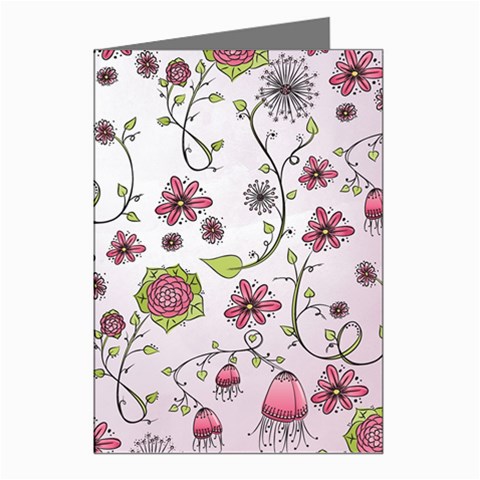 Pink whimsical flowers on pink Greeting Card (8 Pack) from ArtsNow.com Left