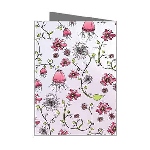 Pink whimsical flowers on pink Mini Greeting Card from ArtsNow.com Right