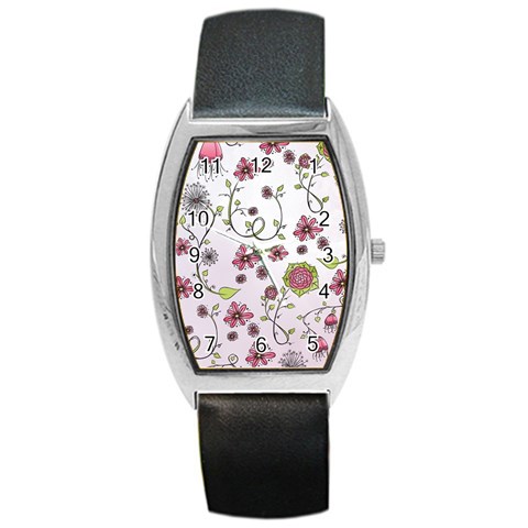 Pink whimsical flowers on pink Tonneau Leather Watch from ArtsNow.com Front