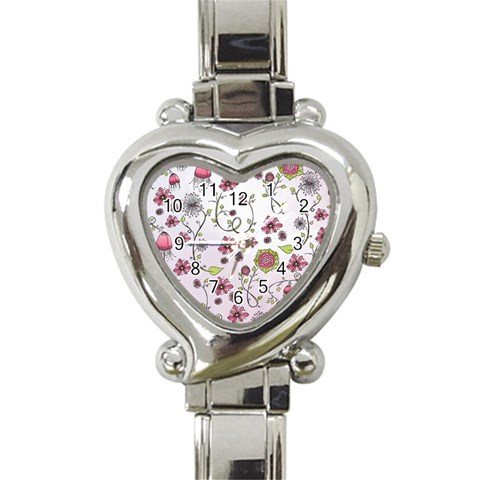 Pink whimsical flowers on pink Heart Italian Charm Watch  from ArtsNow.com Front