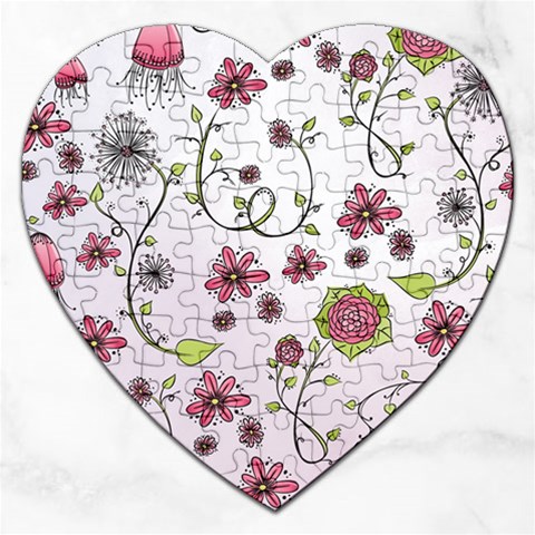 Pink whimsical flowers on pink Jigsaw Puzzle (Heart) from ArtsNow.com Front