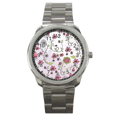 Pink whimsical flowers on pink Sport Metal Watch from ArtsNow.com Front