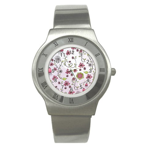 Pink whimsical flowers on pink Stainless Steel Watch (Slim) from ArtsNow.com Front