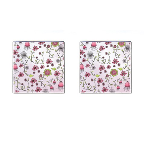 Pink whimsical flowers on pink Cufflinks (Square) from ArtsNow.com Front(Pair)