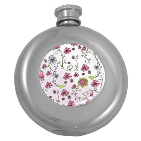 Pink whimsical flowers on pink Hip Flask (Round) from ArtsNow.com Front