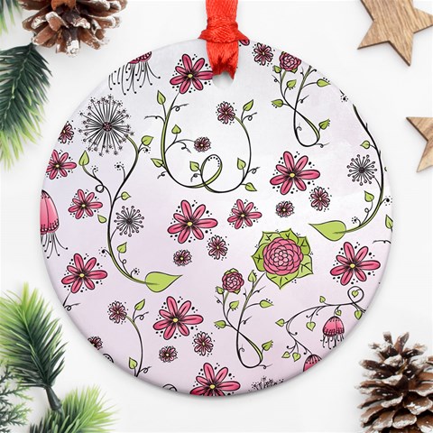 Pink whimsical flowers on pink Round Ornament (Two Sides) from ArtsNow.com Front