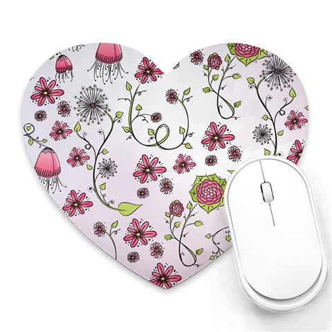 Pink whimsical flowers on pink Mouse Pad (Heart) from ArtsNow.com Front