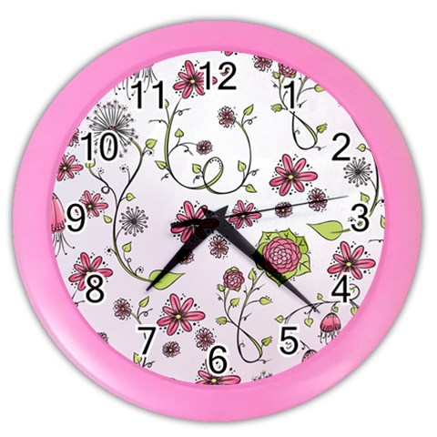 Pink whimsical flowers on pink Wall Clock (Color) from ArtsNow.com Front