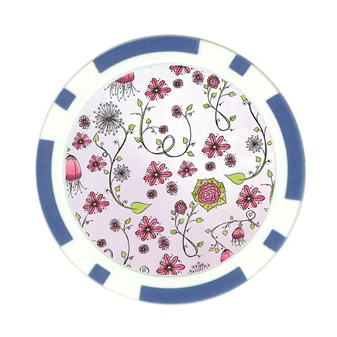 Pink whimsical flowers on pink Poker Chip from ArtsNow.com Front