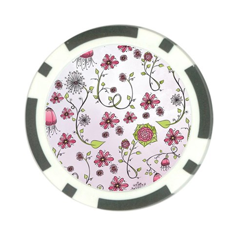 Pink whimsical flowers on pink Poker Chip from ArtsNow.com Back