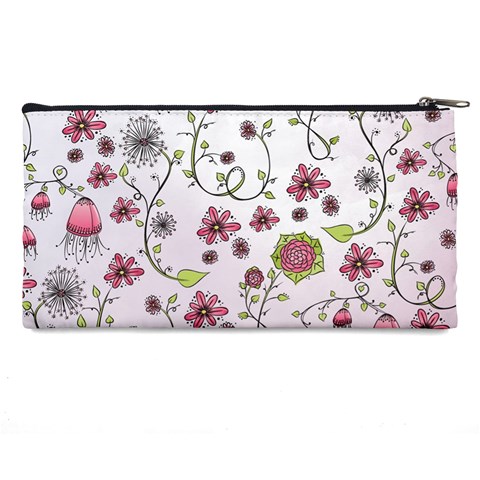 Pink whimsical flowers on pink Pencil Case from ArtsNow.com Back