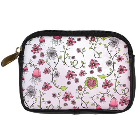 Pink whimsical flowers on pink Digital Camera Leather Case from ArtsNow.com Front