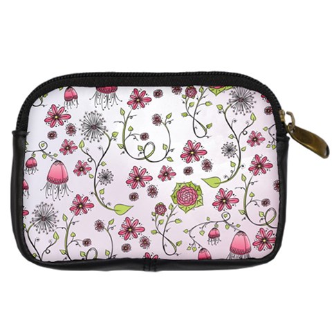 Pink whimsical flowers on pink Digital Camera Leather Case from ArtsNow.com Back