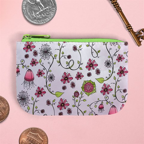 Pink whimsical flowers on pink Coin Change Purse from ArtsNow.com Front