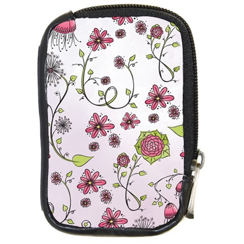 Pink whimsical flowers on pink Compact Camera Leather Case from ArtsNow.com Front