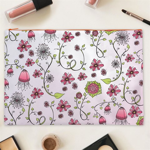 Pink whimsical flowers on pink Cosmetic Bag (XXL) from ArtsNow.com Front