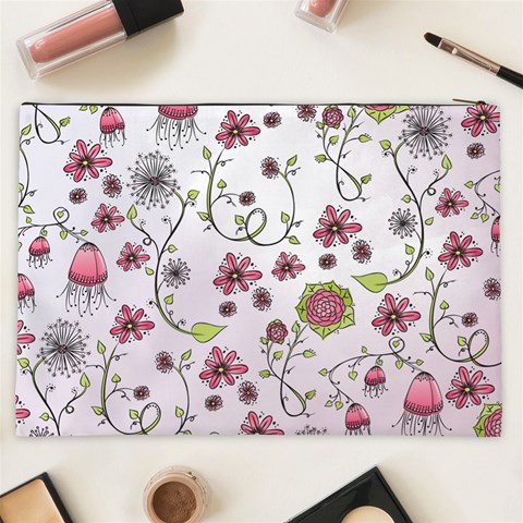 Pink whimsical flowers on pink Cosmetic Bag (XXL) from ArtsNow.com Back