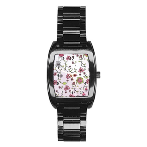 Pink whimsical flowers on pink Stainless Steel Barrel Watch from ArtsNow.com Front