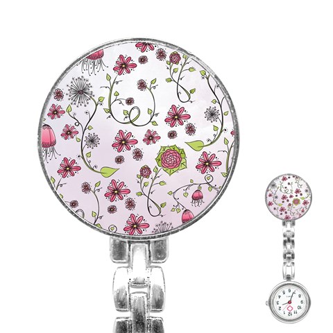 Pink whimsical flowers on pink Stainless Steel Nurses Watch from ArtsNow.com Front