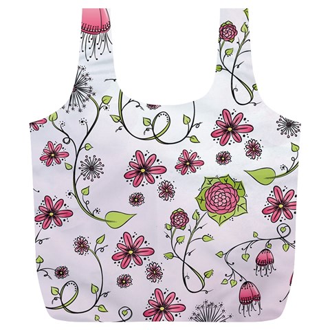 Pink whimsical flowers on pink Reusable Bag (XL) from ArtsNow.com Front