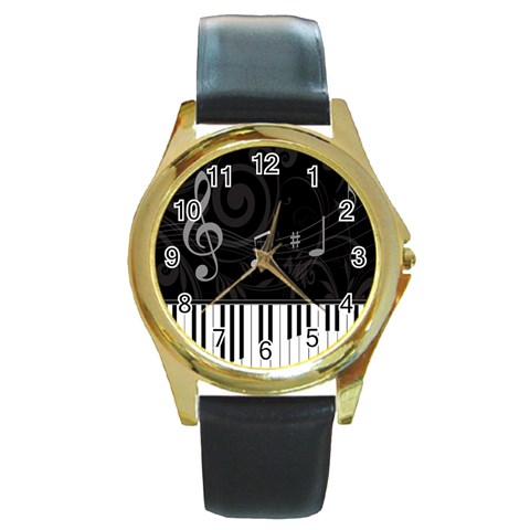 Whimsical Piano keys and music notes Round Gold Metal Watch from ArtsNow.com Front