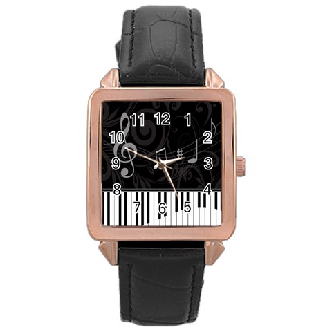 Whimsical Piano keys and music notes Rose Gold Leather Watch  from ArtsNow.com Front