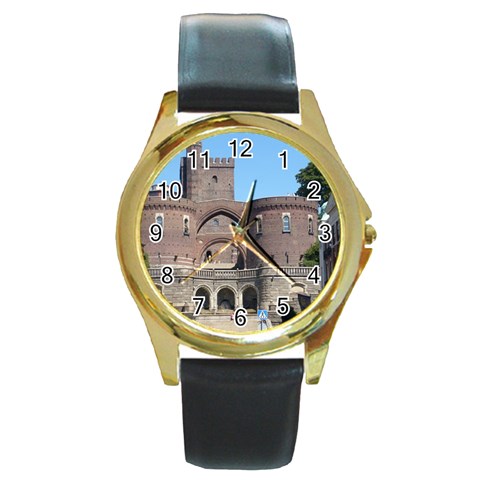 Helsingborg Castle Round Leather Watch (Gold Rim)  from ArtsNow.com Front