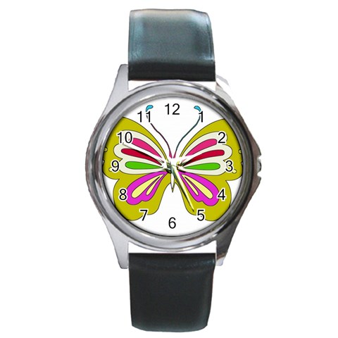 Color Butterfly  Round Leather Watch (Silver Rim) from ArtsNow.com Front