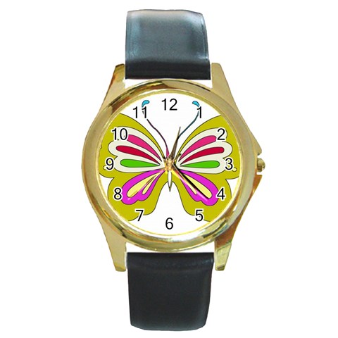 Color Butterfly  Round Leather Watch (Gold Rim)  from ArtsNow.com Front