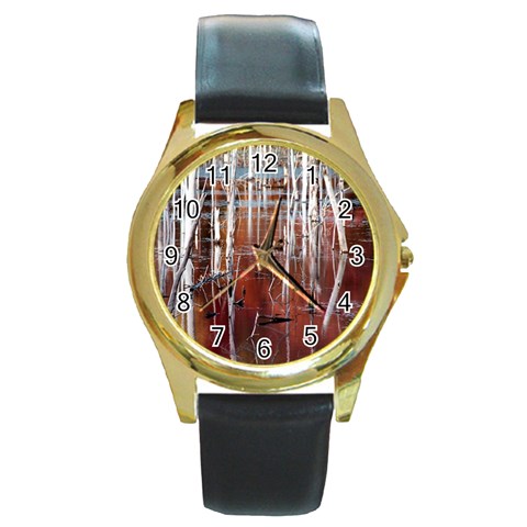 Swamp2 Filtered Round Leather Watch (Gold Rim)  from ArtsNow.com Front