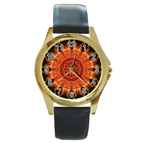 Flaming Sun Round Leather Watch (Gold Rim)  from ArtsNow.com Front