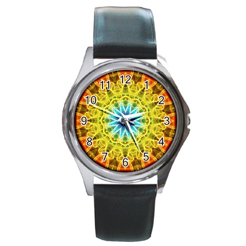 Flower Bouquet Round Leather Watch (Silver Rim) from ArtsNow.com Front