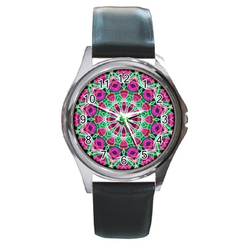 Flower Garden Round Leather Watch (Silver Rim) from ArtsNow.com Front