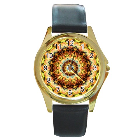 Ochre Burnt Glass Round Leather Watch (Gold Rim)  from ArtsNow.com Front