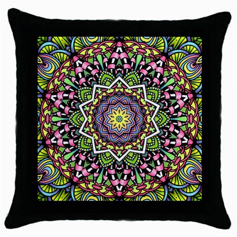 Psychedelic Leaves Mandala Black Throw Pillow Case from ArtsNow.com Front