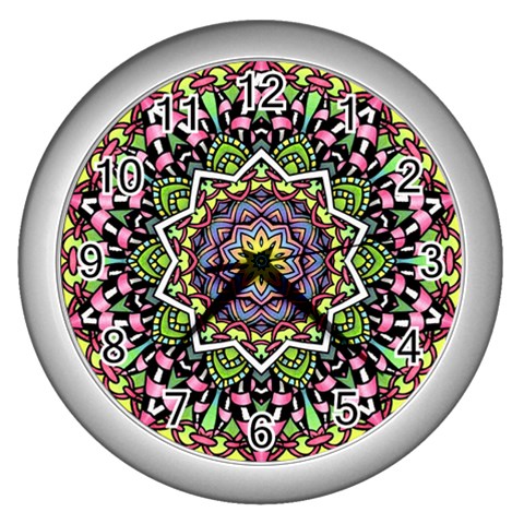 Psychedelic Leaves Mandala Wall Clock (Silver) from ArtsNow.com Front