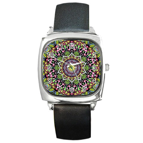 Psychedelic Leaves Mandala Square Leather Watch from ArtsNow.com Front