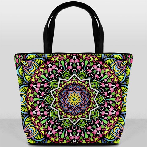 Psychedelic Leaves Mandala Bucket Handbag from ArtsNow.com Front