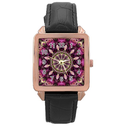 Purple Flower Rose Gold Leather Watch  from ArtsNow.com Front